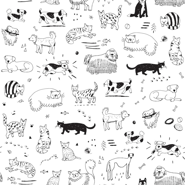 Cats funny line doodle vector seamless pattern