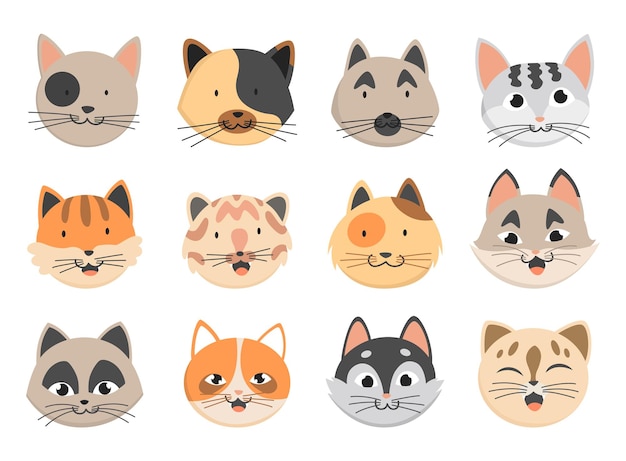 猫頭顔文字アイコン アバター コレクション様々 な面白い装飾的な描かれた猫の顔文字国内ペット セットのベクトル イラスト
