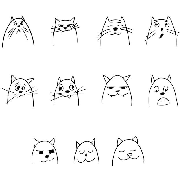 Set of cute funny cat heads in doodle style. Vector hand drawn