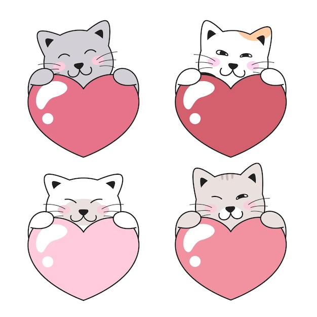 Gatti gattini che tengono i cuori semplice disegno vettoriale carino illustrazione d'amore