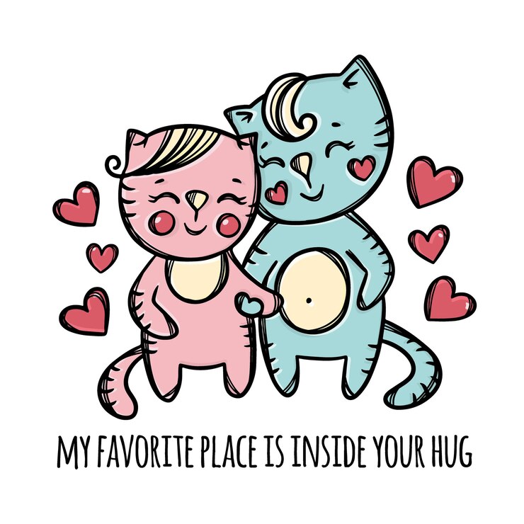 Vector cats in love happy loving cats holding hands around them fly red hearts cartoon