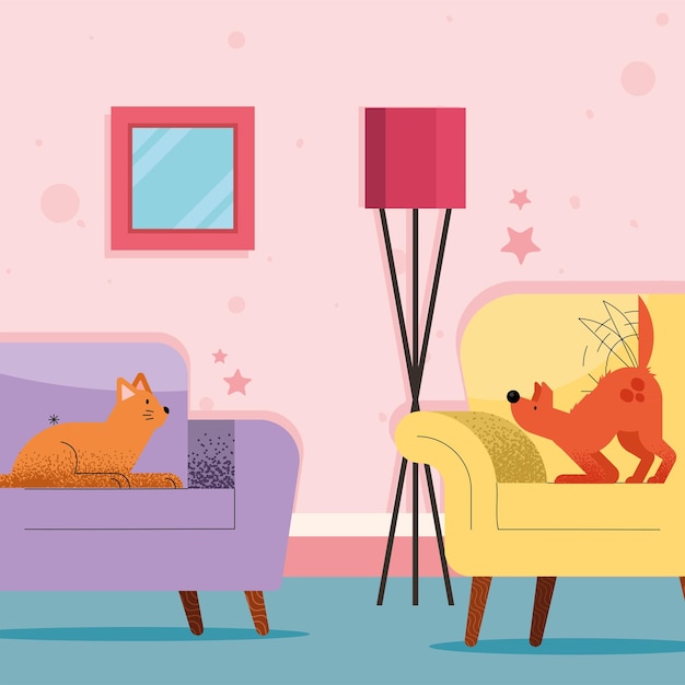 Vettore mascotte di gatti nei personaggi dei divani