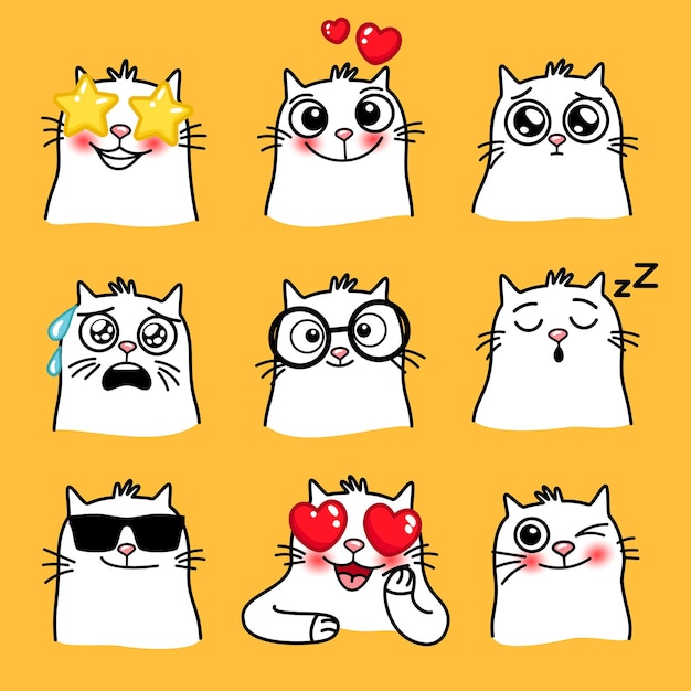 Umore dei gatti. emoji del fumetto di animali domestici in diverse situazioni, emoticon carine creative di animali domestici, illustrazione vettoriale di gatto divertente con grandi occhi isolati su priorità bassa gialla