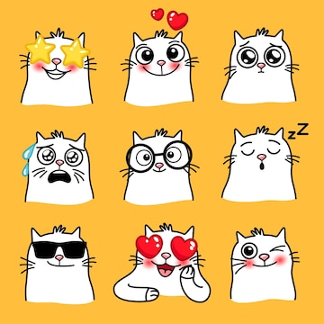 Cute funny cats set various emotions. Kawaii style emoticon icon