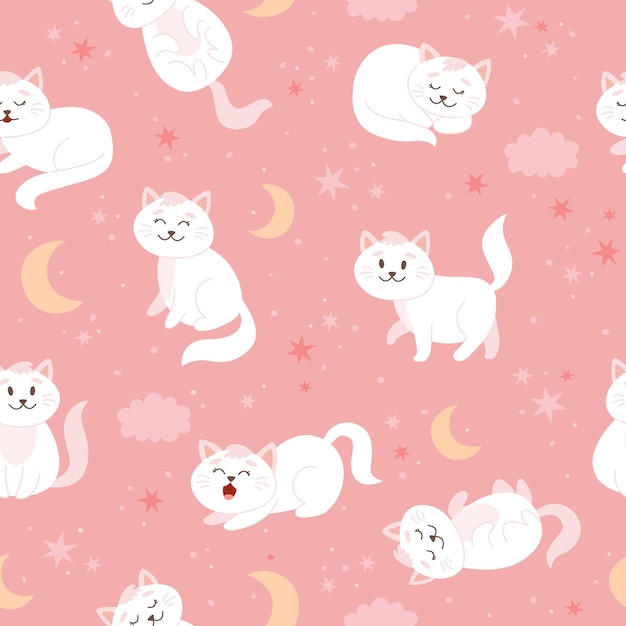 Кошки с лунными звездами и облаками симпатичный белый кот в мультяшном стиле