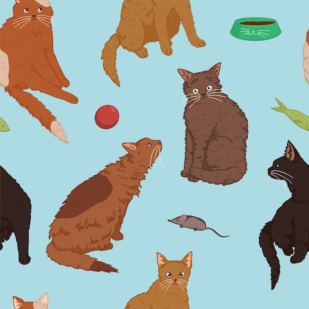 Cats pet animals, kittens and toys seamless pattern. Hand drawn vector illustration. Colored cartoon ornament. Design for decor, wallpaper, background, textile.