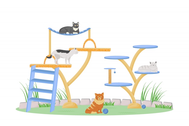 Cats on play tower flat color   character