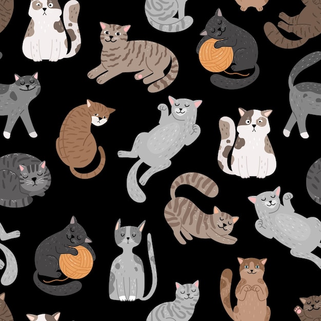 Cats seamless pattern. shorthaired cat set pattern, cartoon kitty seamless print vector design, feline cattish cute texture on black background