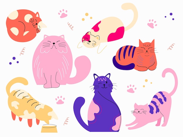 Vector cats set of cute kittens flat vector illustration doodle vector icons hand drawn illustrations