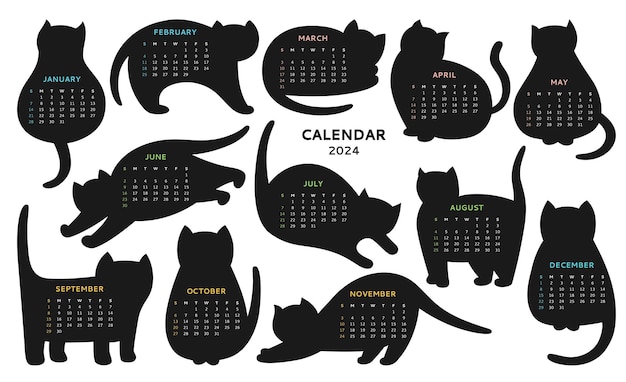 Cats silhouette calendar 2023 template set cute shape kitty pets stamp contour animal planner