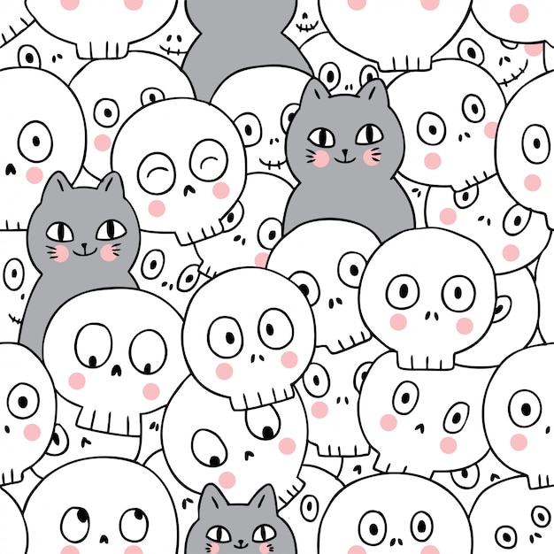 Cats and skeleton seamless pattern