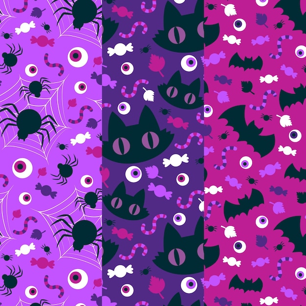 Vector cats spiders and bats halloween patterns