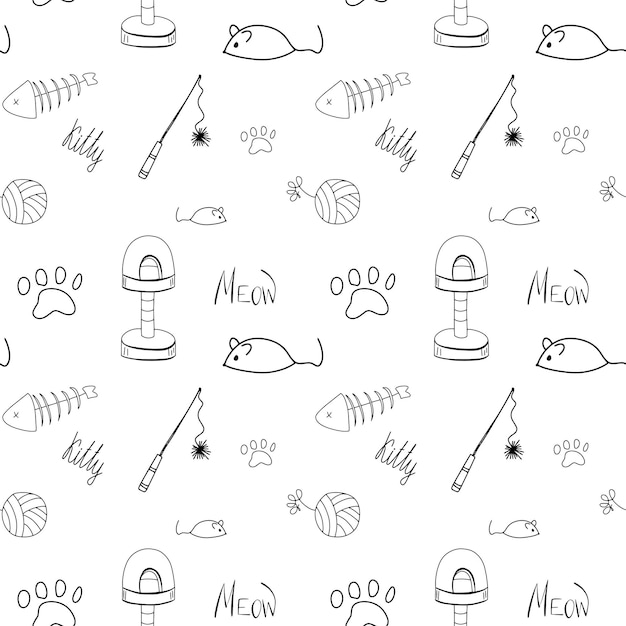 Cats staff seamless vector doodle pattern