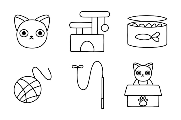 set of cute cats on white background, line style icon vector