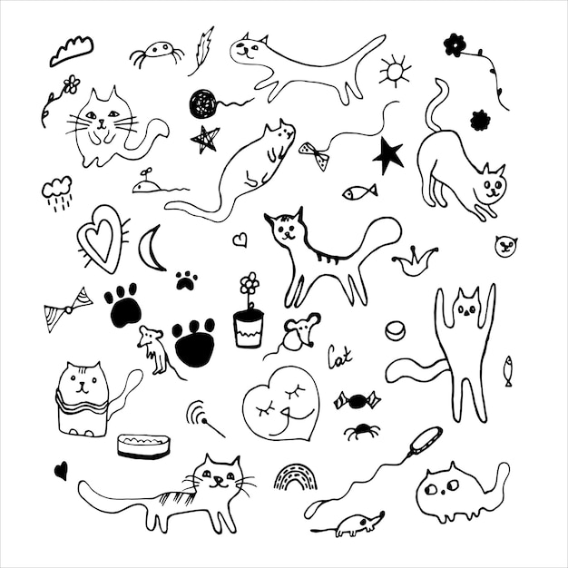 Кошки векторные каракули Большой набор забавных котят