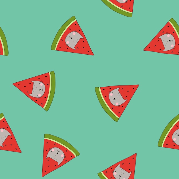 Cats in watermelon vector seamless pattern funny childrens pattern on green background