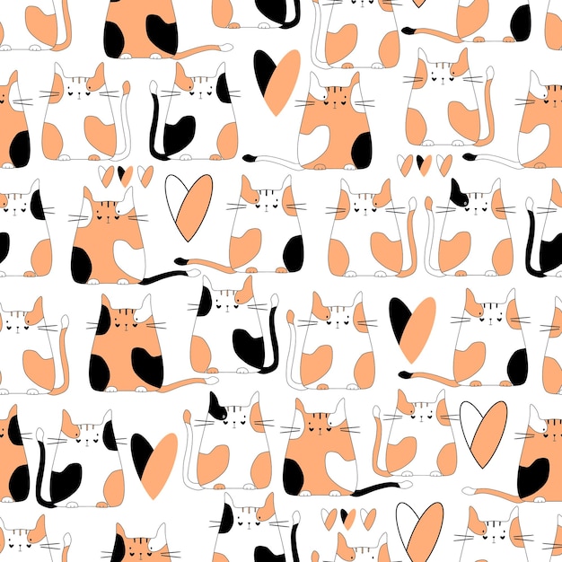 Cats white with red and black spots flat illustration hand drawing vector seamless pattern simple isolated sketch