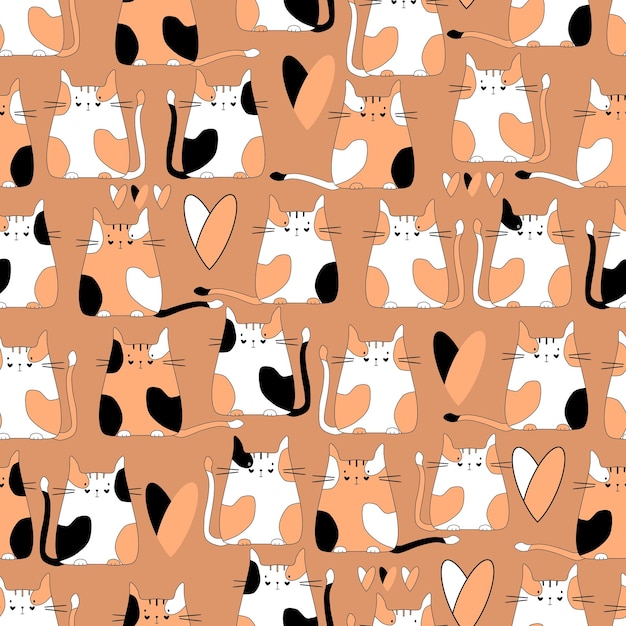 Cats white with red and black spots flat illustration hand drawing vector seamless pattern simple isolated sketch