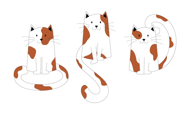 Cats with red brown spots and black outline isolated illustration Set of cute spotted sitting cats