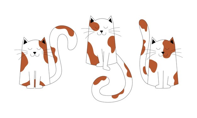 Cats with red brown spots and black outline isolated illustration Set of cute spotted sitting cats