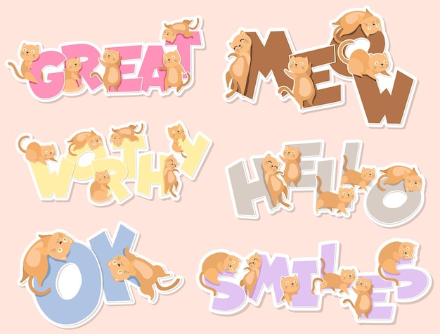 cats and word cartoon sticker set