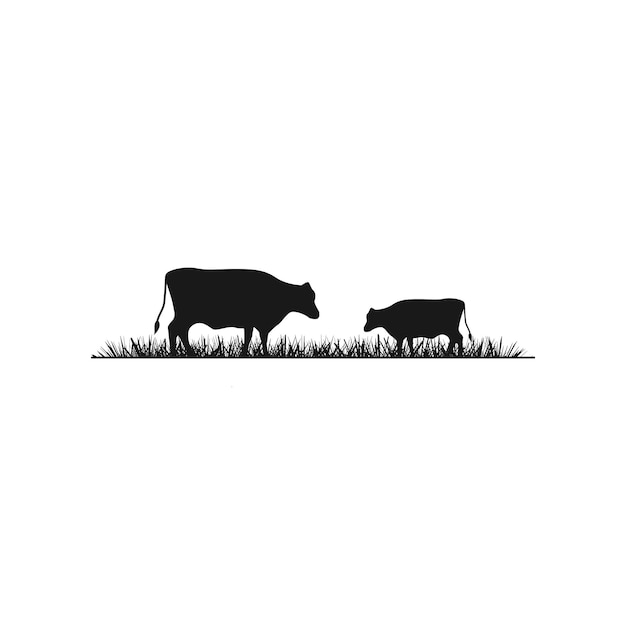 소 앵거스 암소 암소와 잔디 실루엣 가축 농장 로고 디자인