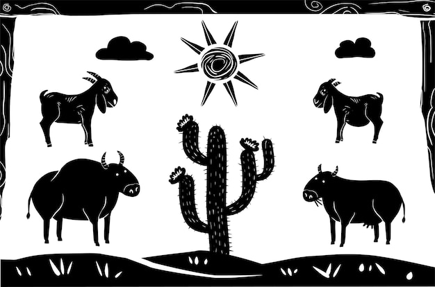 cattle in a desert setting woodcutstyle illustration