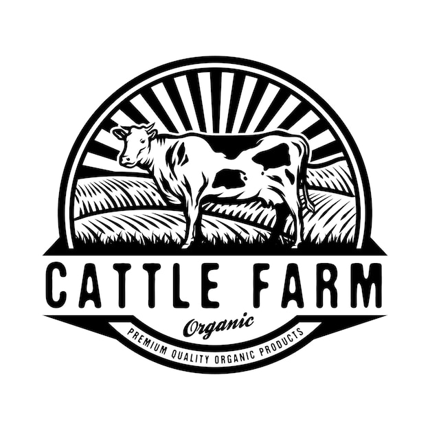 Cattle in green field livestock farming badge design