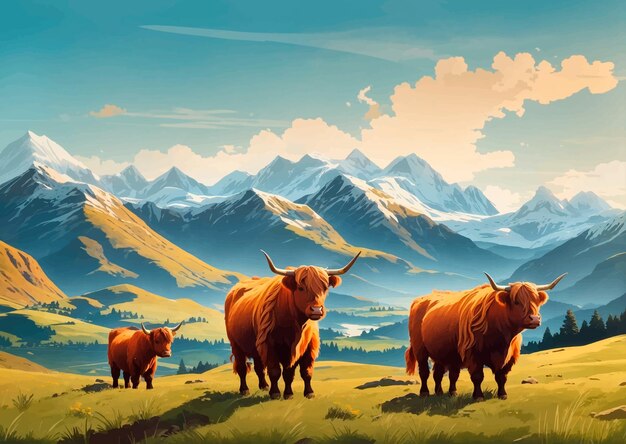 Vettore bestiame nel prato illustrazione vettoriale di tre mucche di montagna