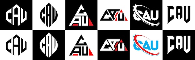 CAU letter logo design in six style CAU polygon circle triangle hexagon flat and simple style with black and white color variation letter logo set in one artboard CAU minimalist and classic logo