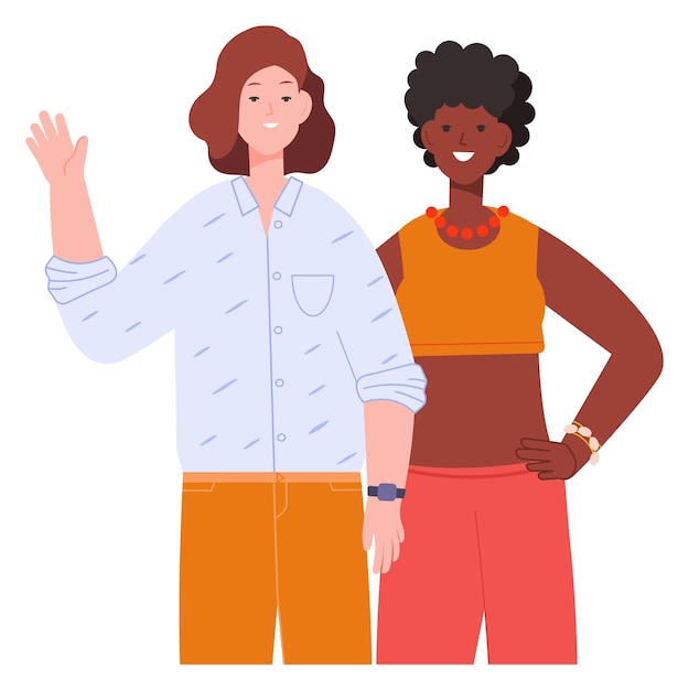 Vector caucasian and black women together happy greeting couple