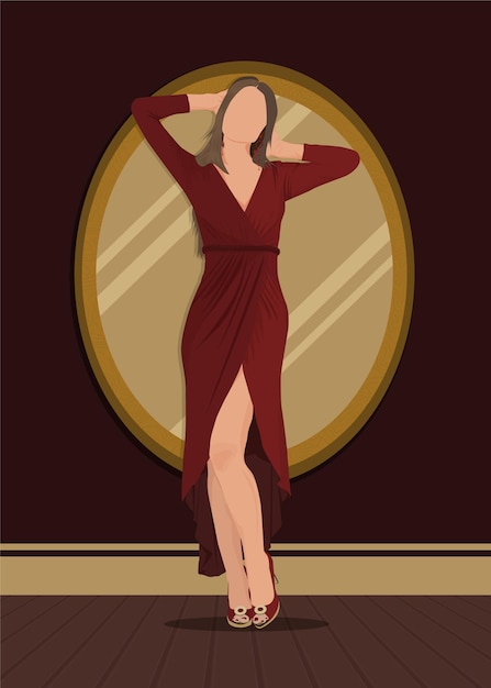 Caucasian blond girl flat vector illustration wearing red party dress