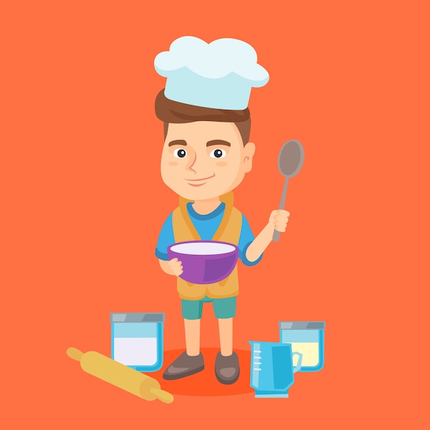 Caucasian boy holding a saucepan and a spoon.