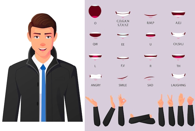 Vector caucasian businessman character mouth animation lipsync and hand gestures trench coat premium vector
