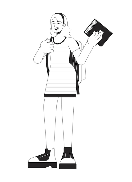 Caucasian college girl holding book flat line black white vector character Editable outline full body person Backpack student female simple cartoon isolated spot illustration for web design