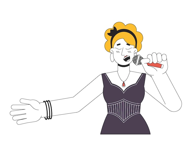 마이크를 들고 있는 백인 여성 가수 2D 선형 만화 캐릭터 유럽 성인 여성 고립된 선  ⁇ 터 사람 백인 배경 콘서트 노래 색상 평평한 점 일러스트레이션