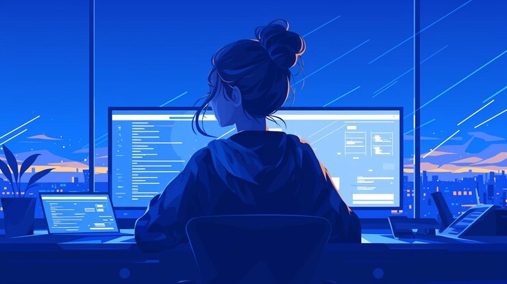 Vector caucasian female software developer in her 40s debugging a program