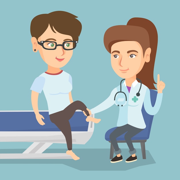 caucasian gym doctor checking ankle of a patient.