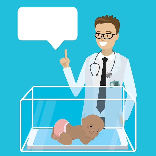 Caucasian male pediatrician doctor little newborn baby speech bubble template