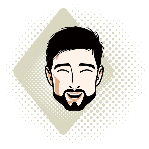 Caucasian man face expressing happiness, vector human head illustration. Attractive bearded male with whiskers.