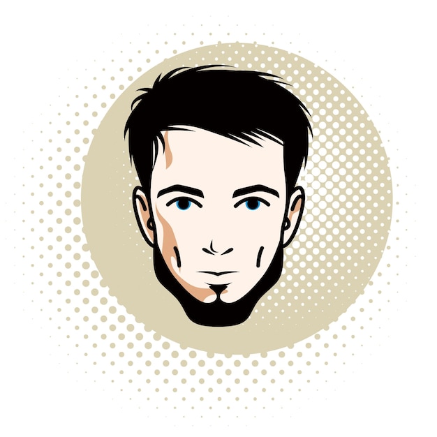 Caucasian man face expressing positive emotions, vector human head illustration. Attractive bearded male with stylish haircut.