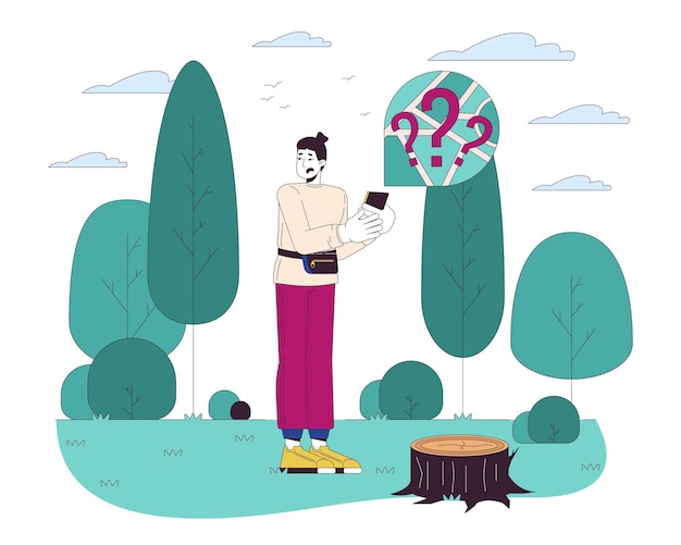 Vector caucasian man getting lost in forest line cartoon flat illustration