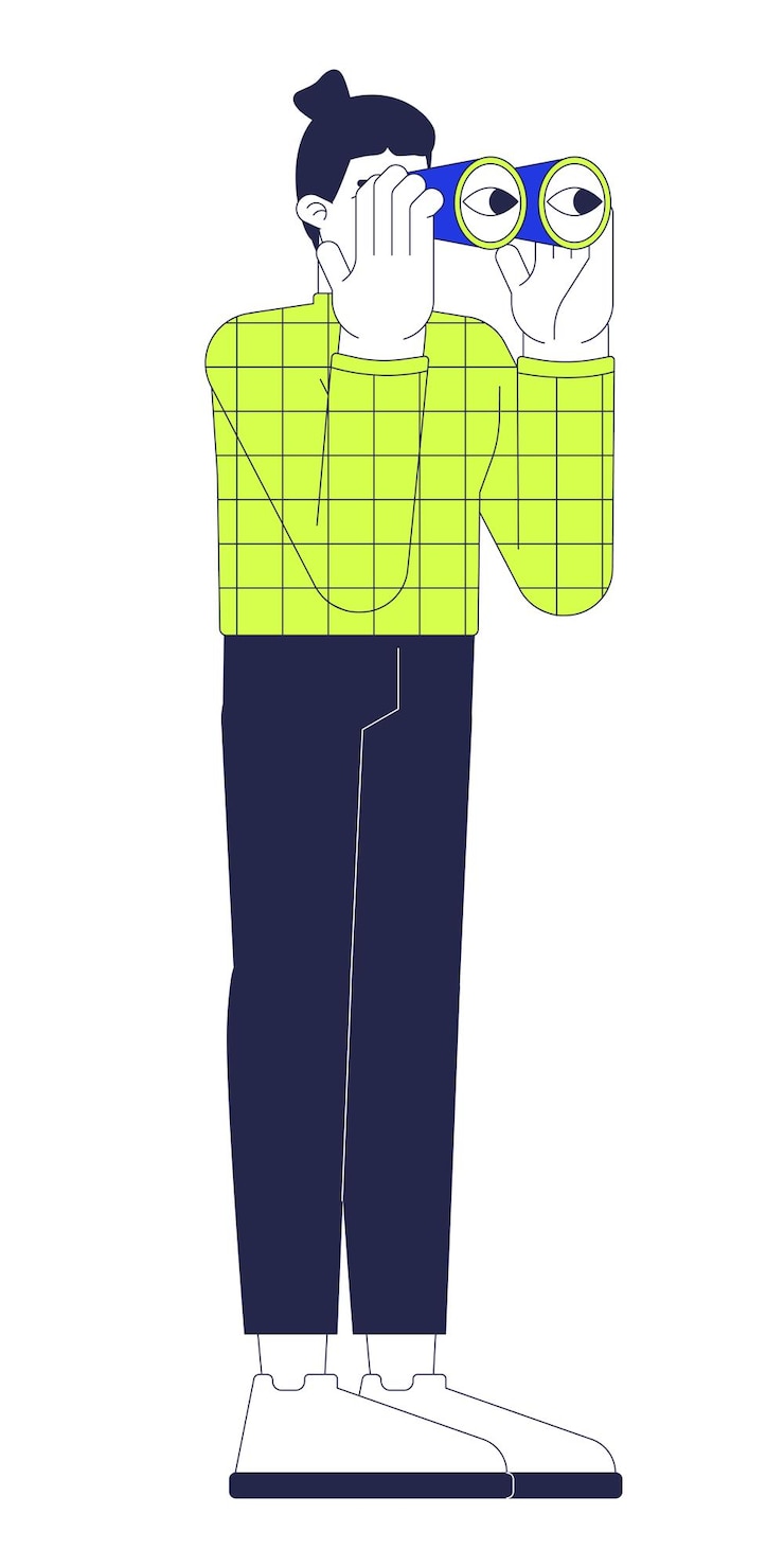 Vector caucasian man looking in binoculars 2d linear cartoon character