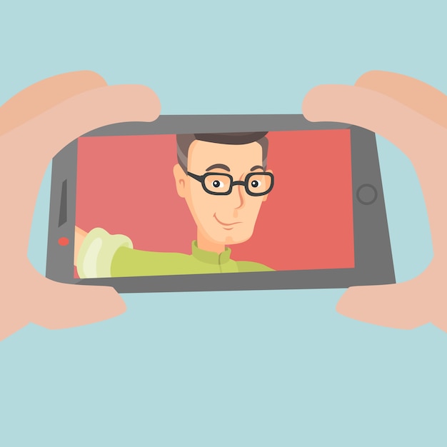 Caucasian man making selfie vector illustration.