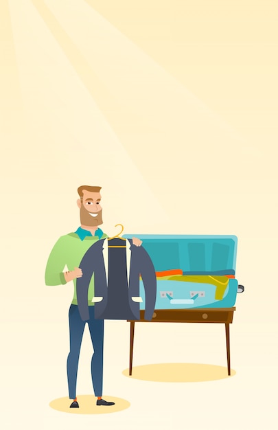 Vector caucasian man packing clothes in a suitcase