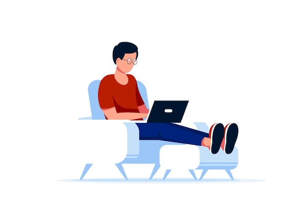 Кавказский человек сидит в кресле и работает на компьютере. Удаленная работа, домашний офис, концепция самоизоляции. Плоский стиль.