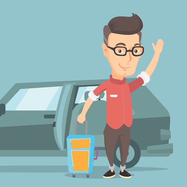 Caucasian man traveling by car vector illustration