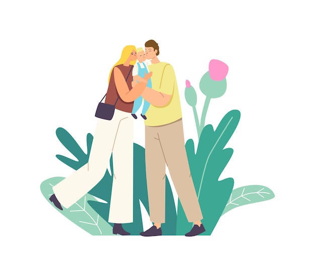 Vector caucasian parents kiss baby. mother and father loving happy family characters holding cute toddler child on hands hugging and kissing express love and tenderness. cartoon people vector illustration