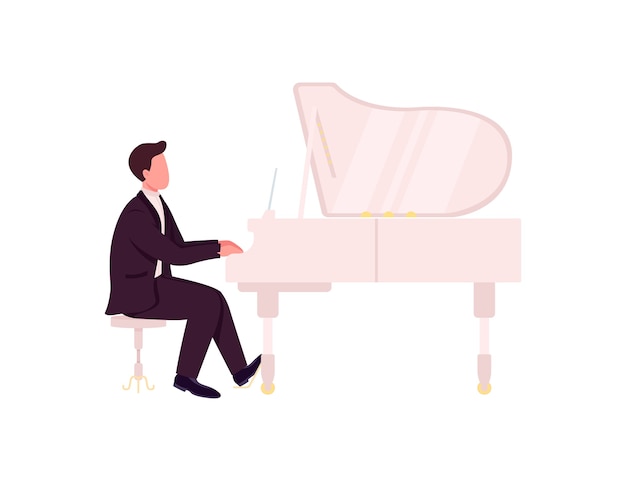 Carattere senza volto di colore piatto del pianista caucasico. il musicista classico suona un concerto da solista. esibizione musicale. illustrazione di cartone animato isolato pianista per web design grafico e animazione