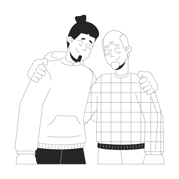 Caucasian son and senior father hugging black and white 2d line cartoon characters